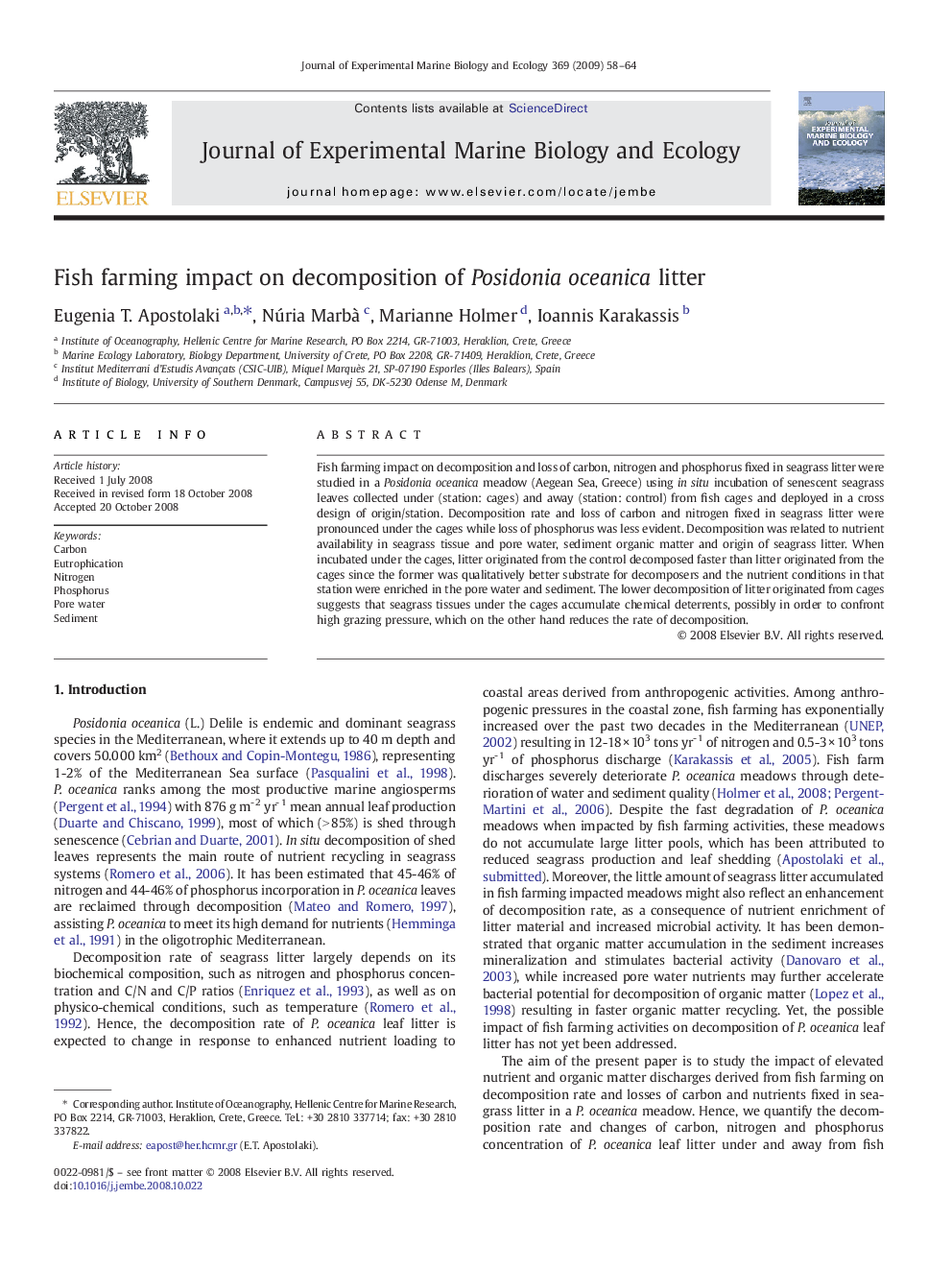 Fish farming impact on decomposition of Posidonia oceanica litter