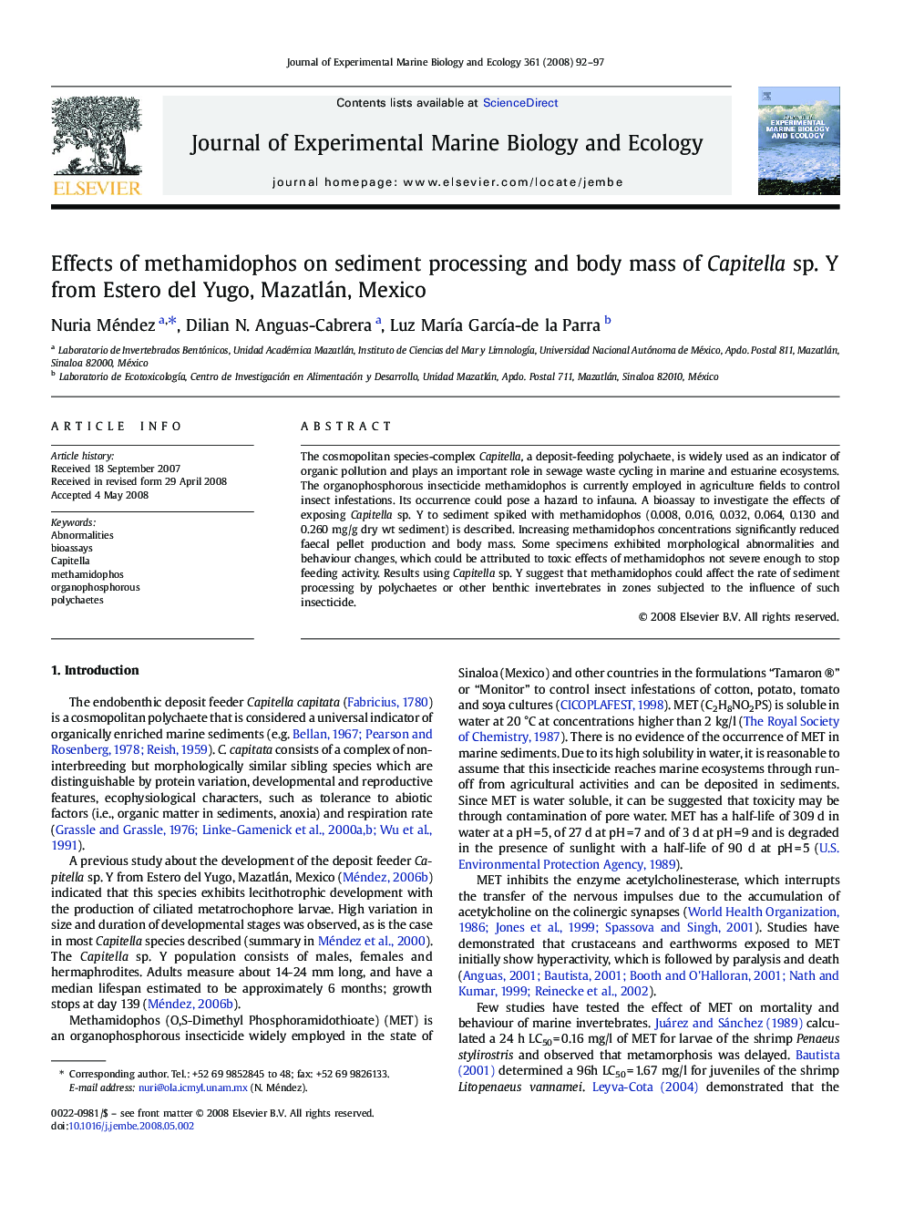 Effects of methamidophos on sediment processing and body mass of Capitella sp. Y from Estero del Yugo, Mazatlán, Mexico