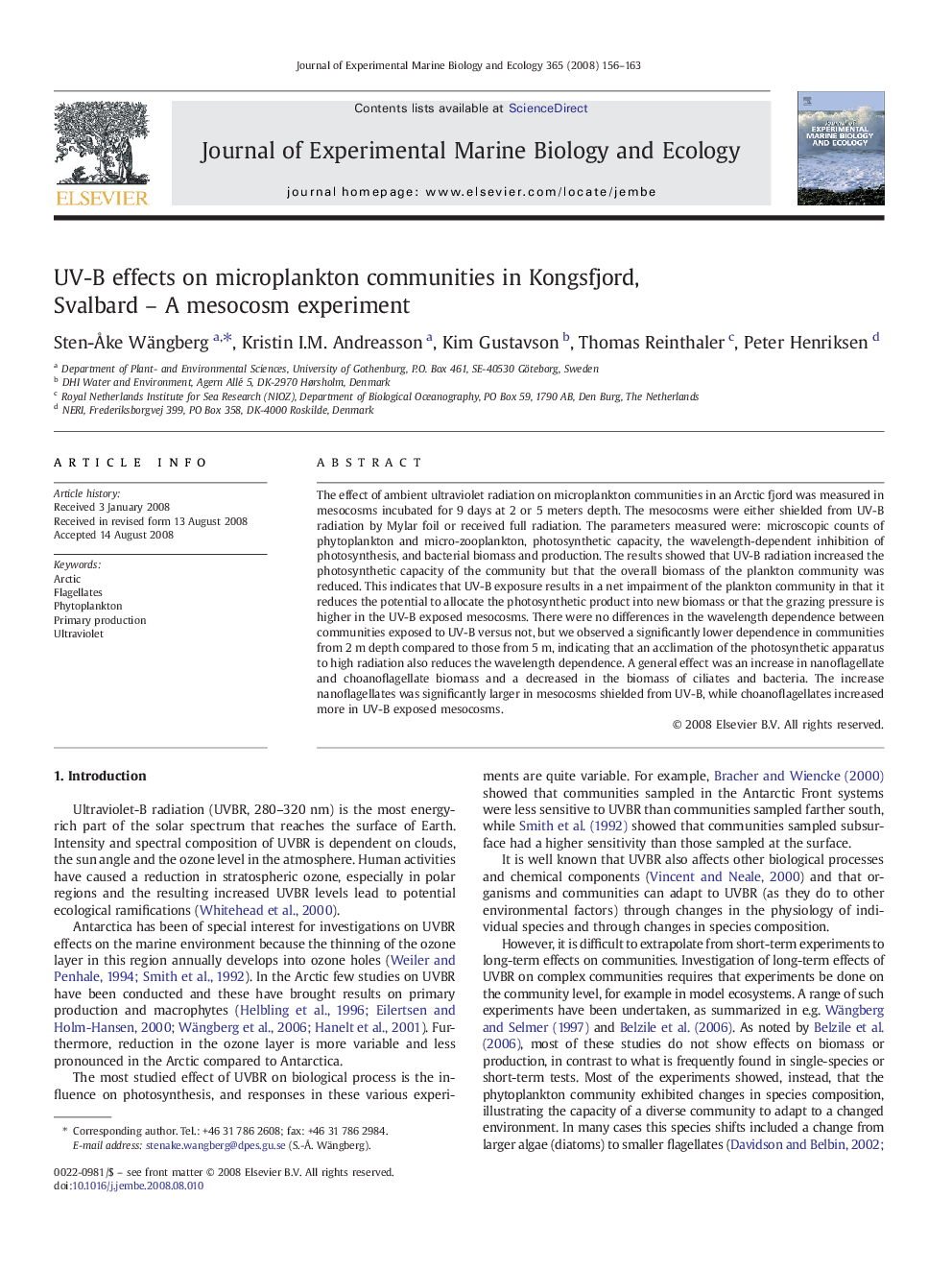 UV-B effects on microplankton communities in Kongsfjord, Svalbard - A mesocosm experiment