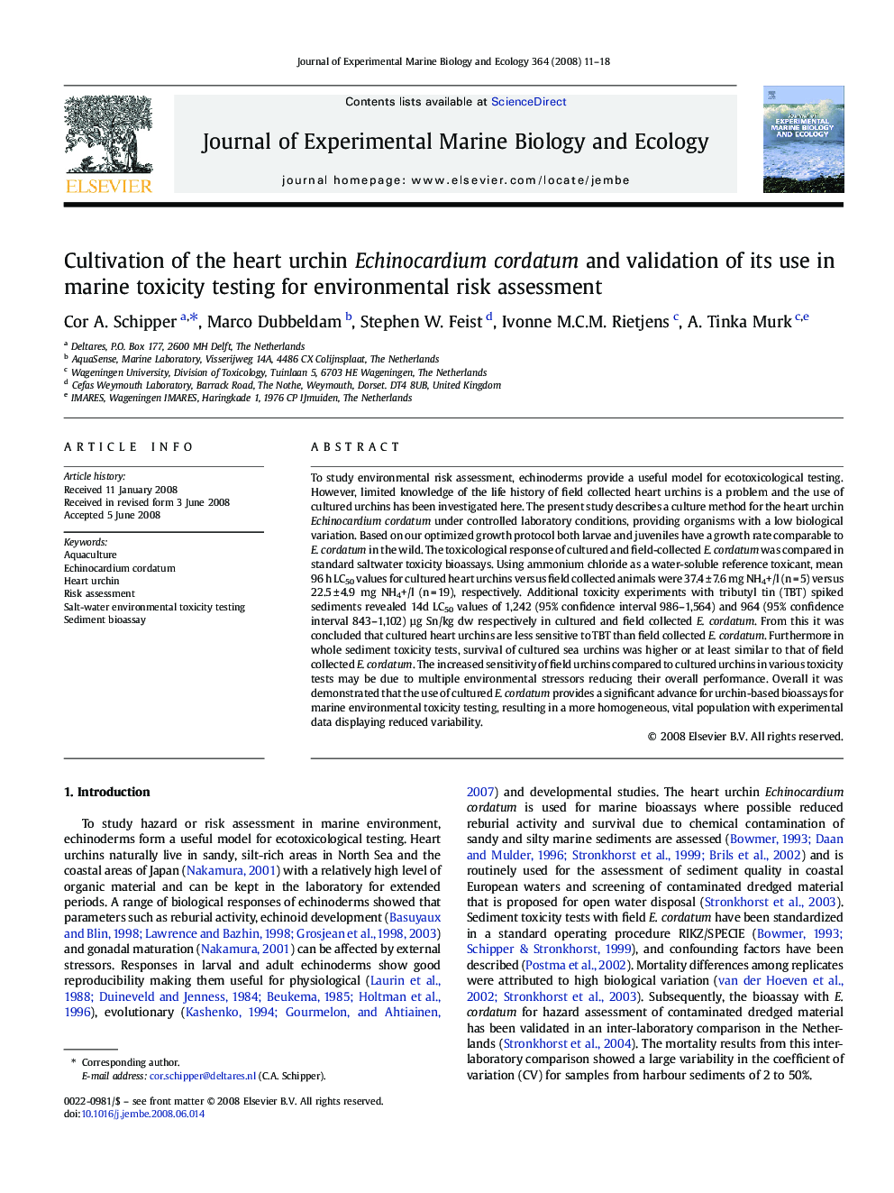 Cultivation of the heart urchin Echinocardium cordatum and validation of its use in marine toxicity testing for environmental risk assessment