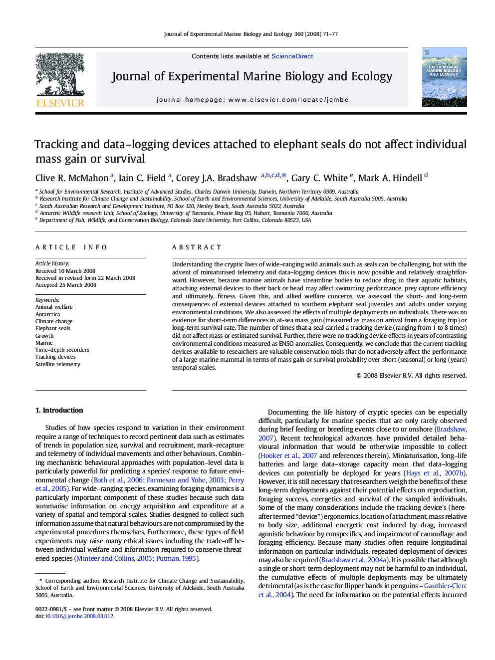 Tracking and data–logging devices attached to elephant seals do not affect individual mass gain or survival