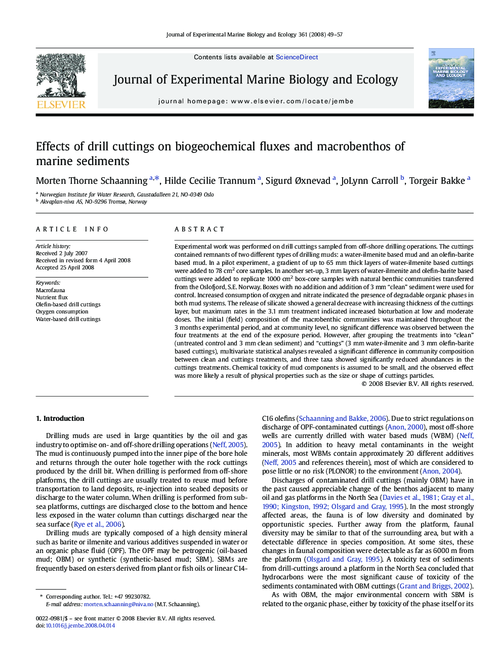 Effects of drill cuttings on biogeochemical fluxes and macrobenthos of marine sediments