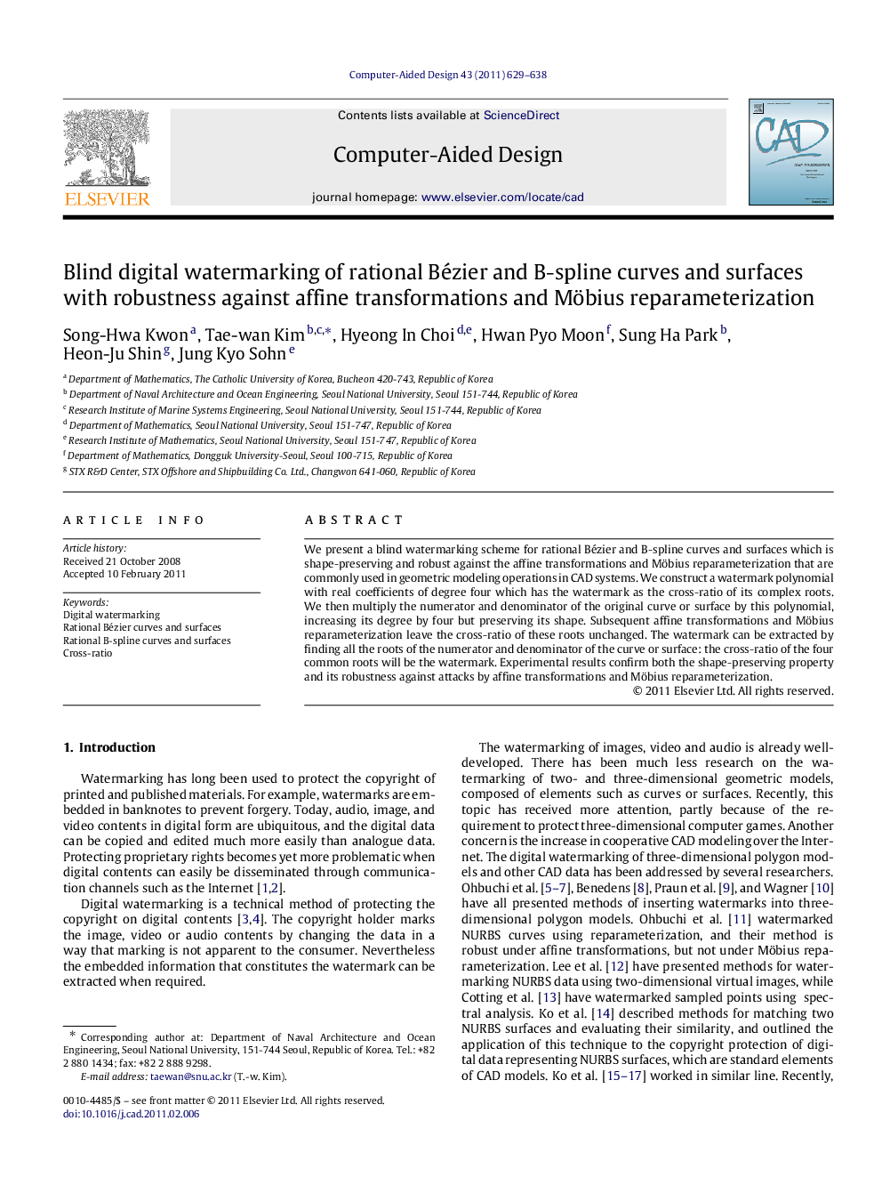 Blind digital watermarking of rational Bézier and B-spline curves and surfaces with robustness against affine transformations and Möbius reparameterization