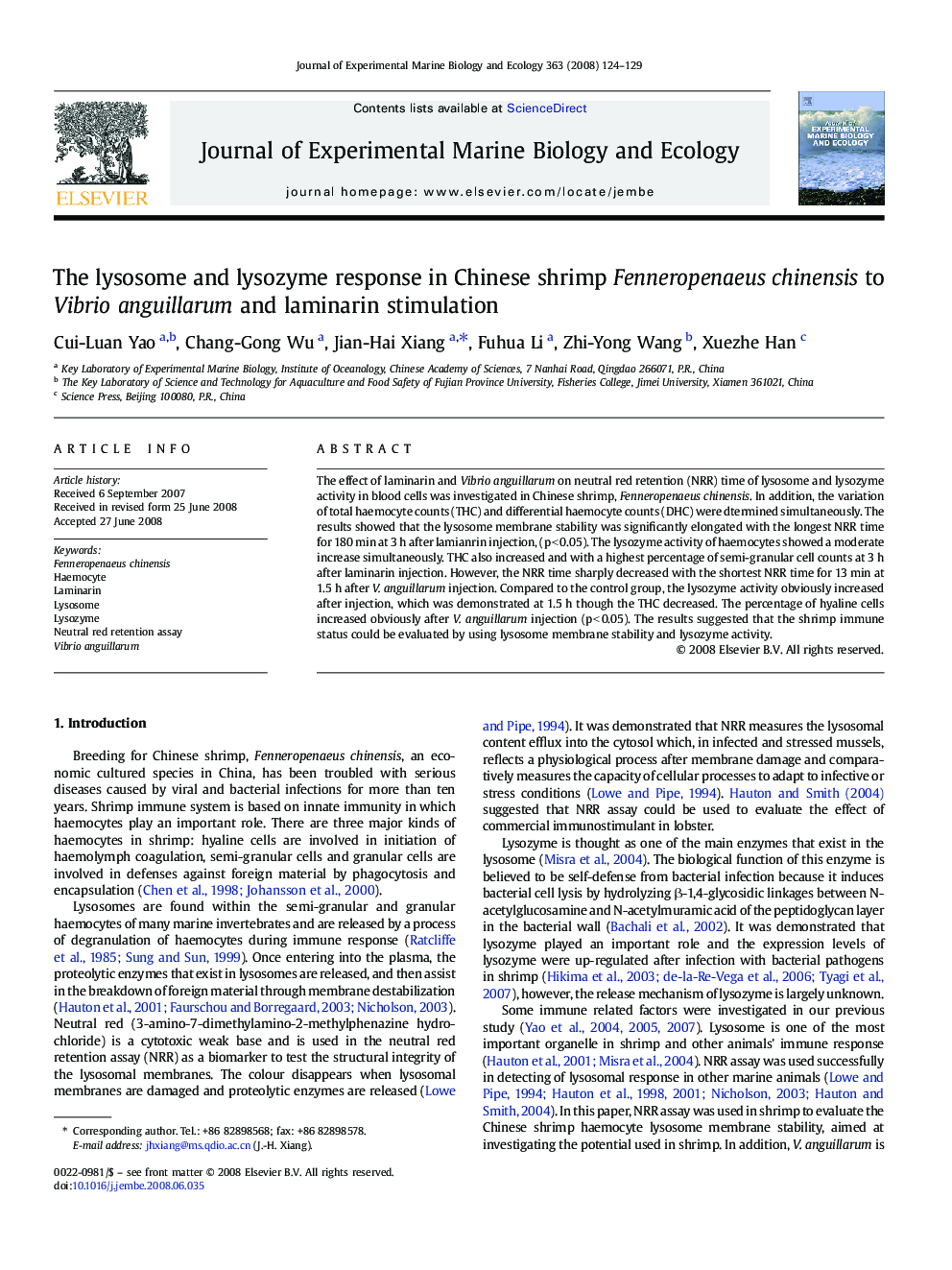 The lysosome and lysozyme response in Chinese shrimp Fenneropenaeus chinensis to Vibrio anguillarum and laminarin stimulation