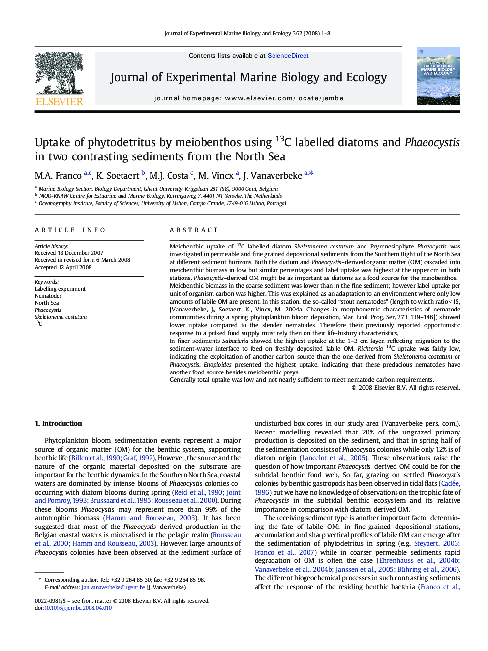 Uptake of phytodetritus by meiobenthos using 13C labelled diatoms and Phaeocystis in two contrasting sediments from the North Sea