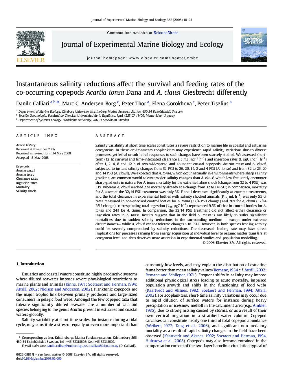 Instantaneous salinity reductions affect the survival and feeding rates of the co-occurring copepods Acartia tonsa Dana and A. clausi Giesbrecht differently