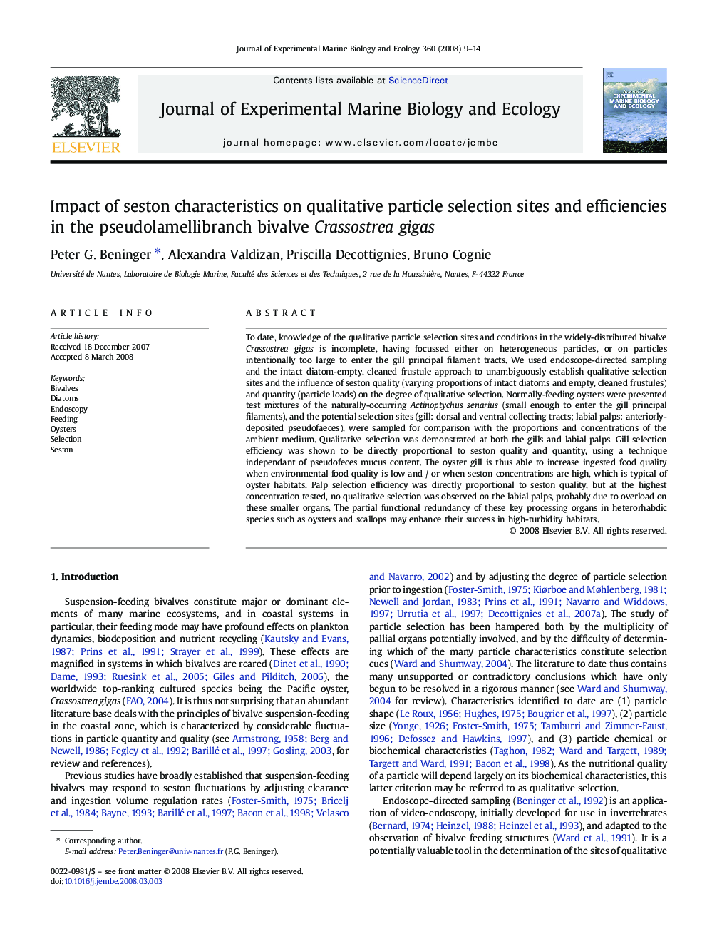 Impact of seston characteristics on qualitative particle selection sites and efficiencies in the pseudolamellibranch bivalve Crassostrea gigas