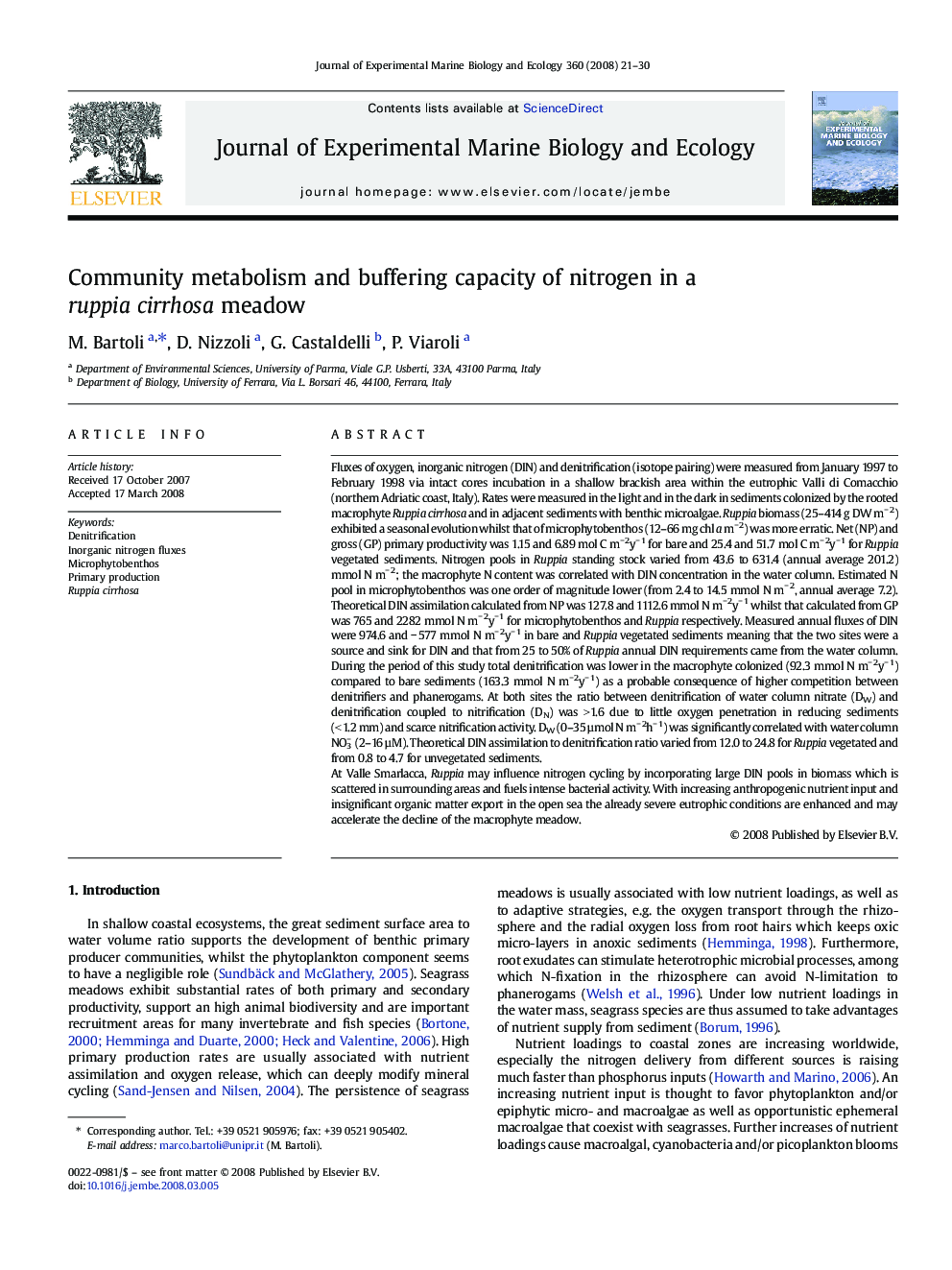Community metabolism and buffering capacity of nitrogen in a ruppia cirrhosa meadow