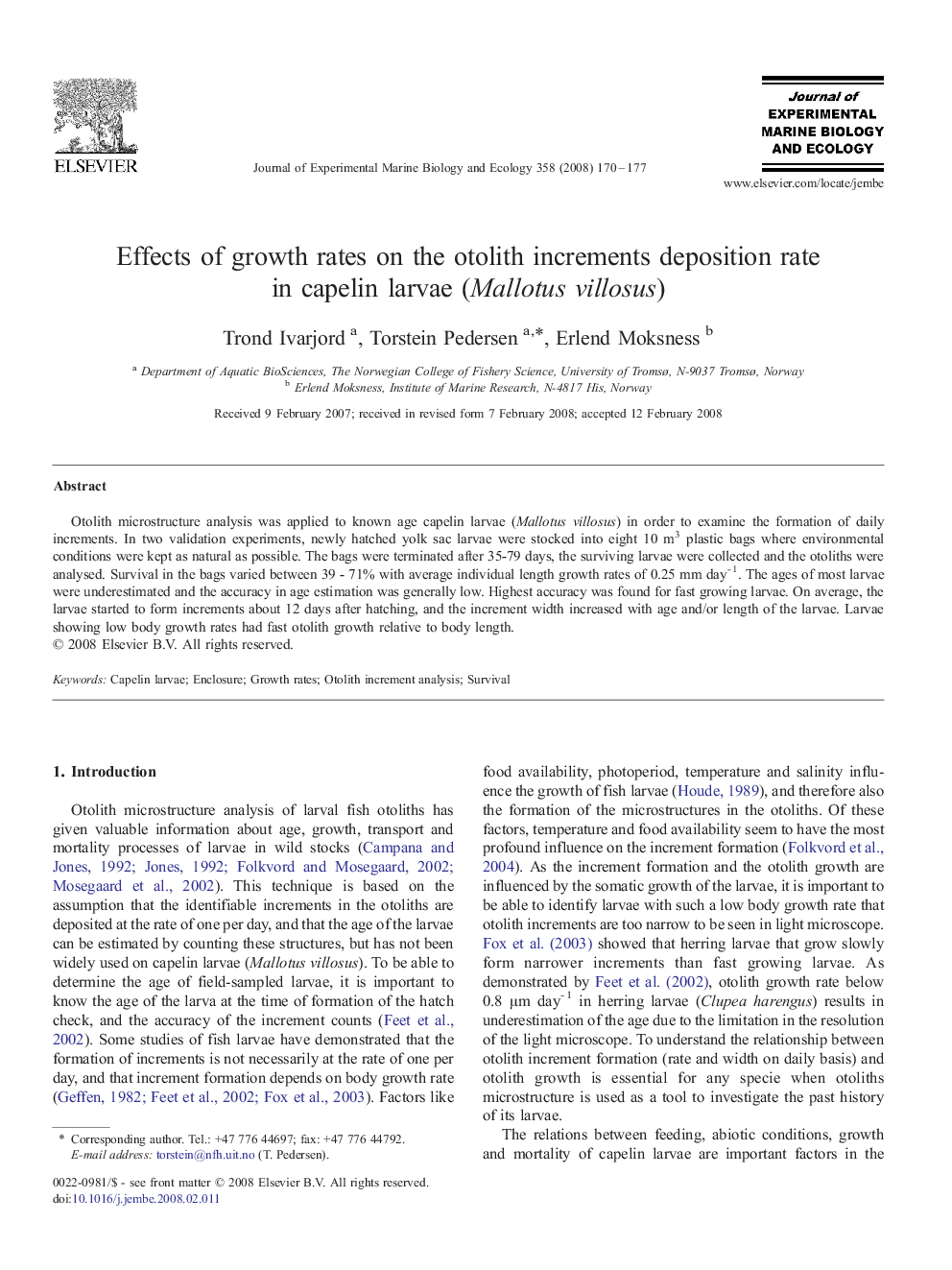 Effects of growth rates on the otolith increments deposition rate in capelin larvae (Mallotus villosus)