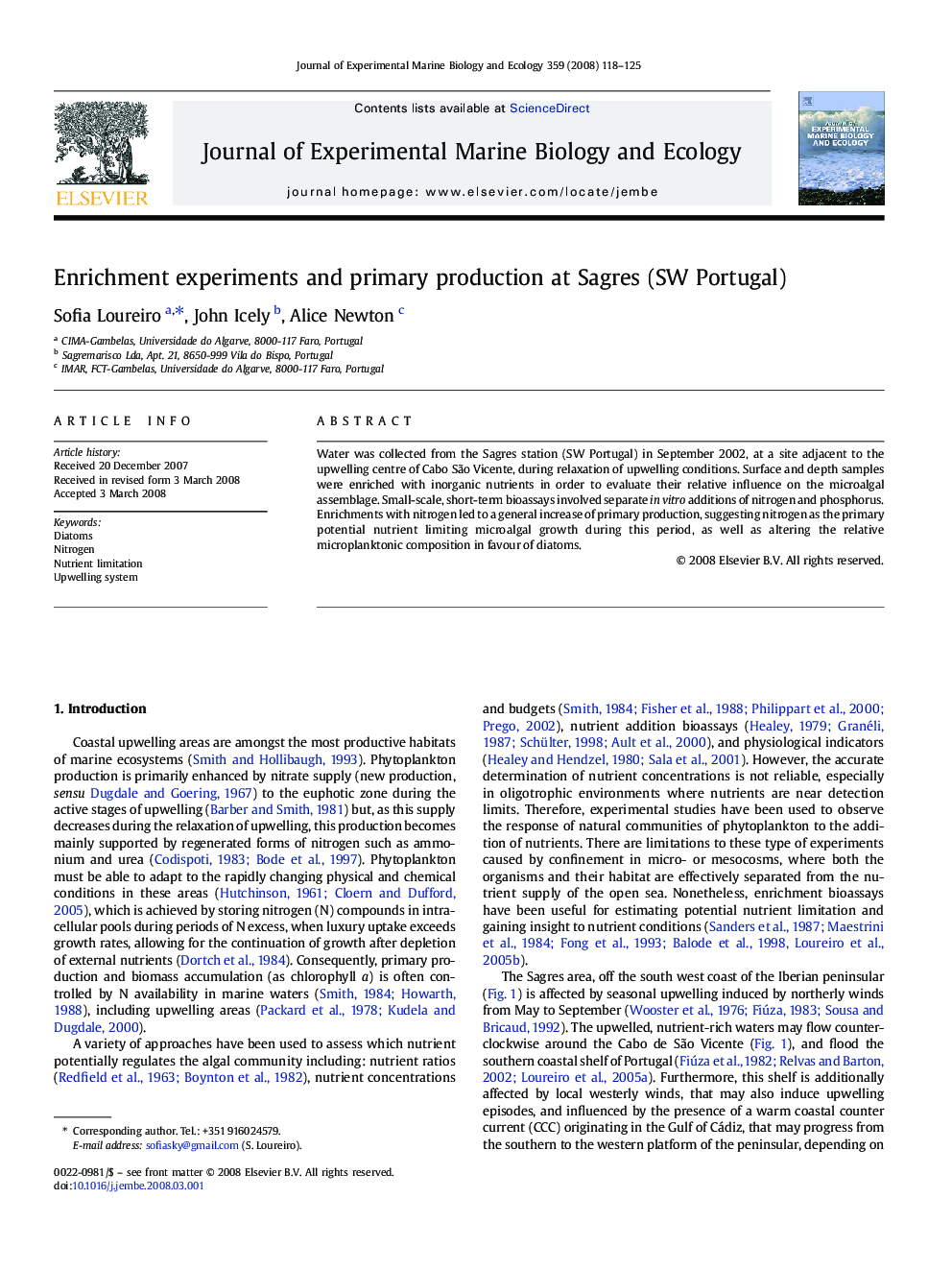 Enrichment experiments and primary production at Sagres (SW Portugal)