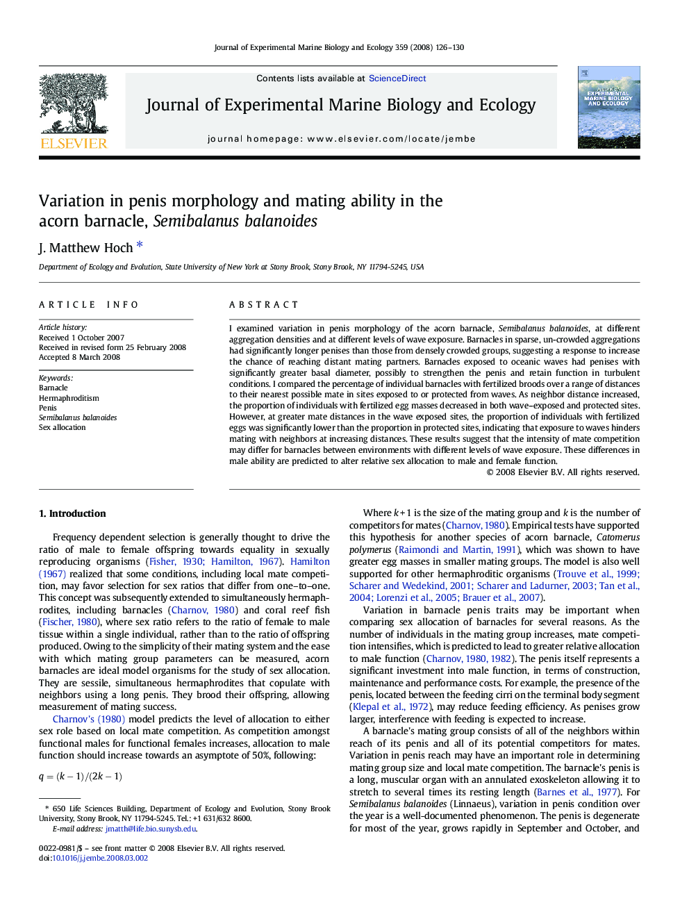 Variation in penis morphology and mating ability in the acorn barnacle, Semibalanus balanoides