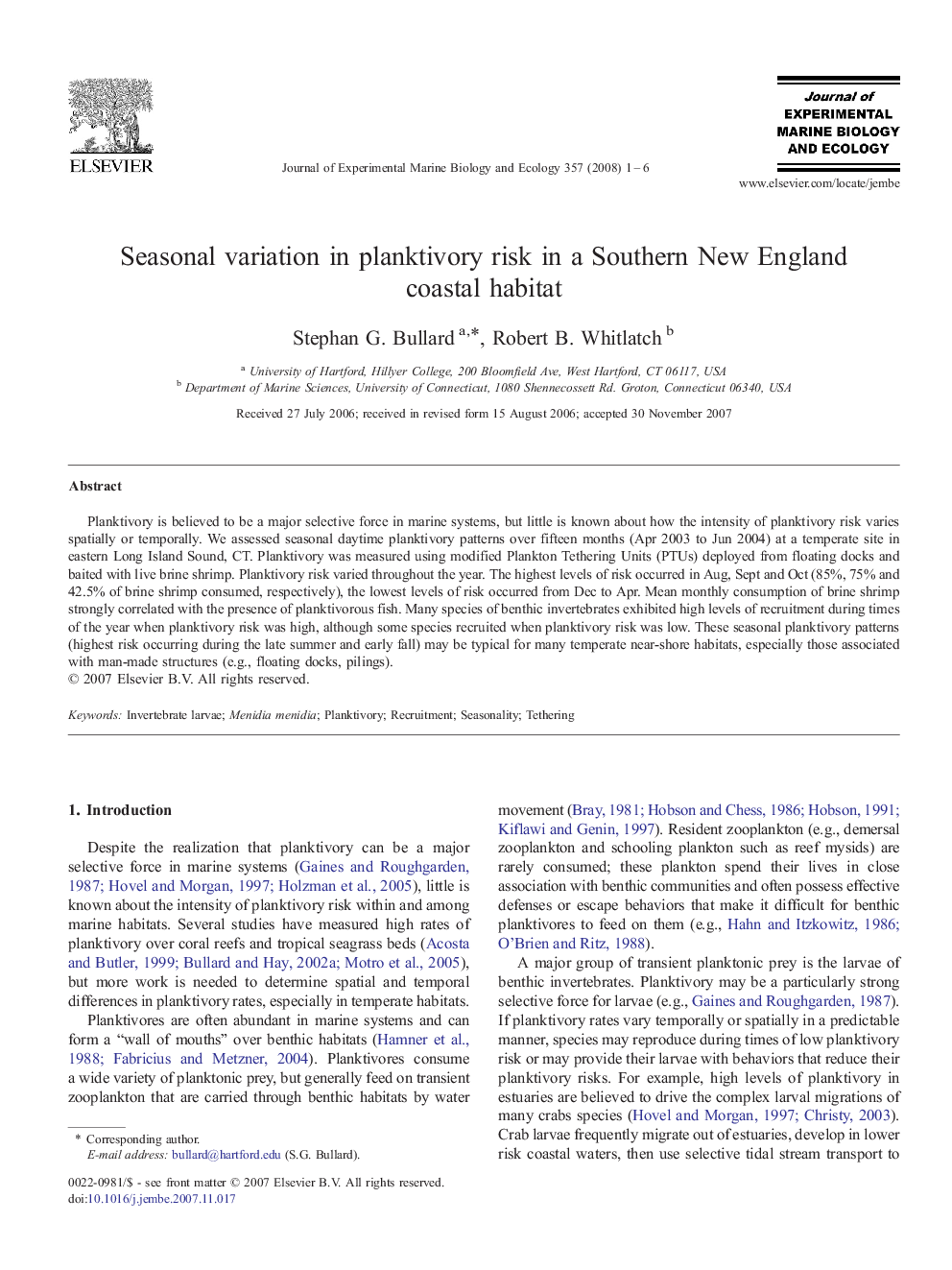 Seasonal variation in planktivory risk in a Southern New England coastal habitat