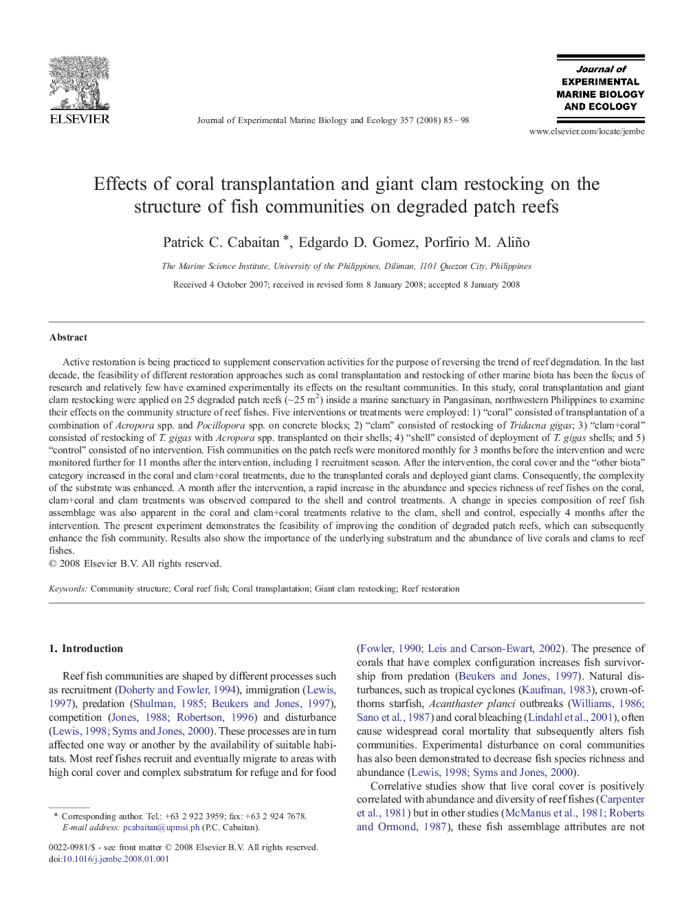 Effects of coral transplantation and giant clam restocking on the structure of fish communities on degraded patch reefs