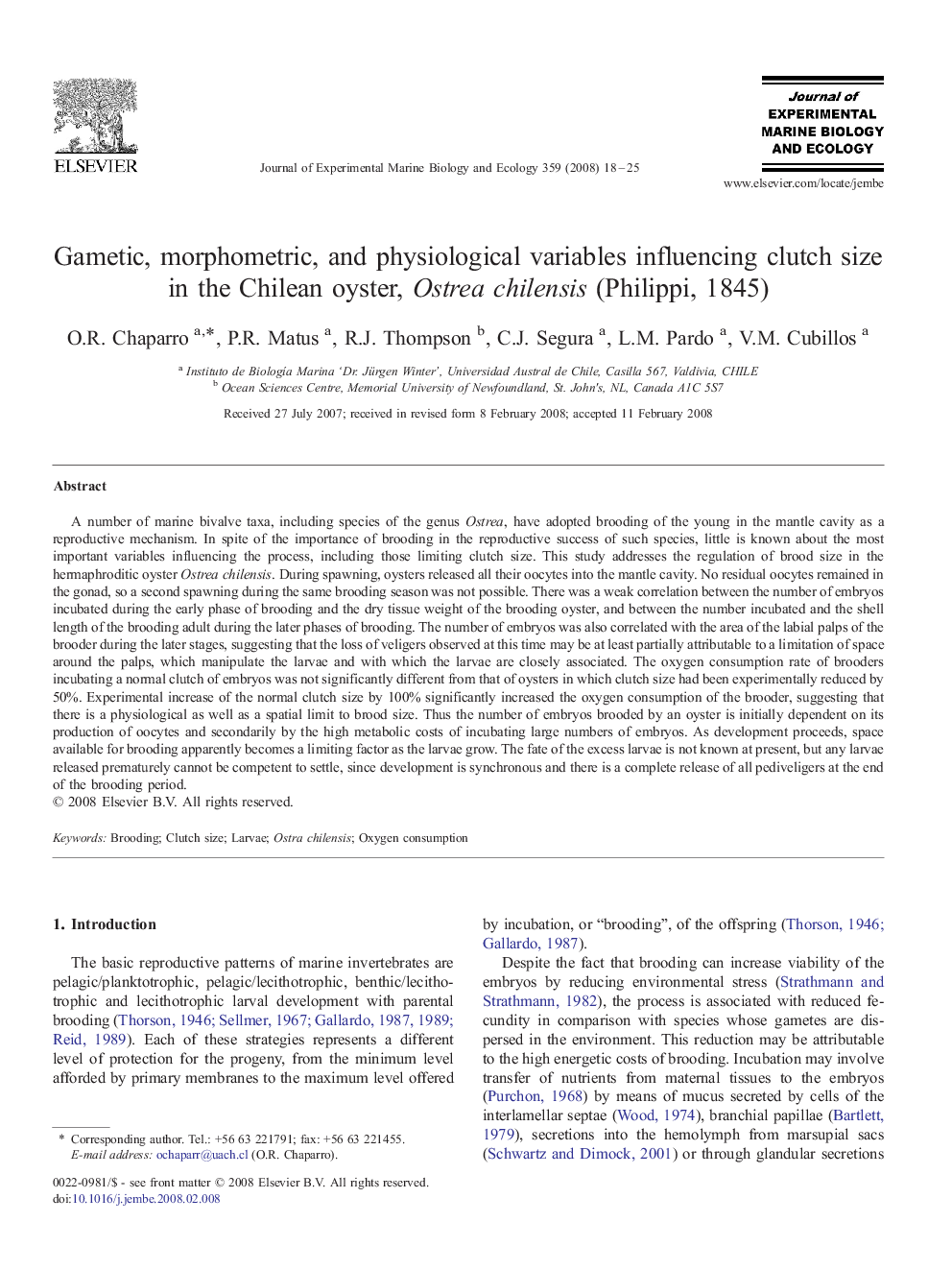 Gametic, morphometric, and physiological variables influencing clutch size in the Chilean oyster, Ostrea chilensis (Philippi, 1845)