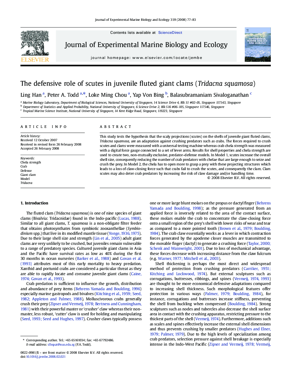 The defensive role of scutes in juvenile fluted giant clams (Tridacna squamosa)