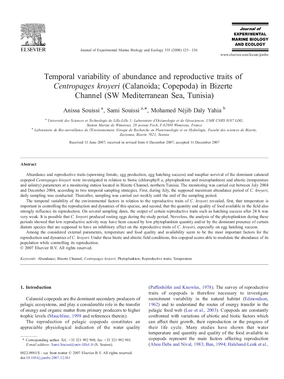 Temporal variability of abundance and reproductive traits of Centropages kroyeri (Calanoida; Copepoda) in Bizerte Channel (SW Mediterranean Sea, Tunisia)