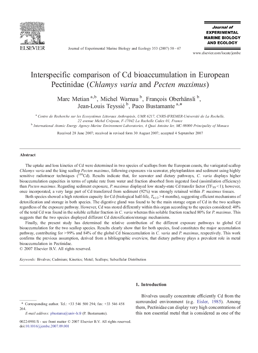 Interspecific comparison of Cd bioaccumulation in European Pectinidae (Chlamys varia and Pecten maximus)