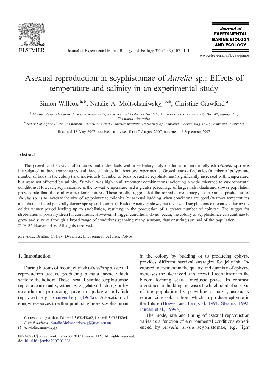 Asexual reproduction in scyphistomae of Aurelia sp.: Effects of temperature and salinity in an experimental study