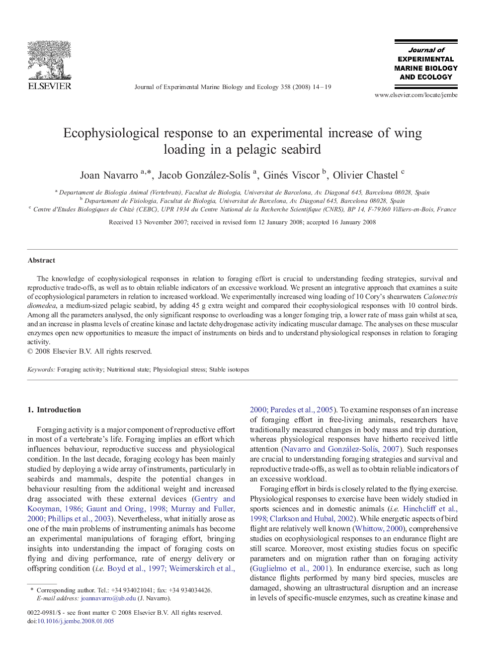 Ecophysiological response to an experimental increase of wing loading in a pelagic seabird