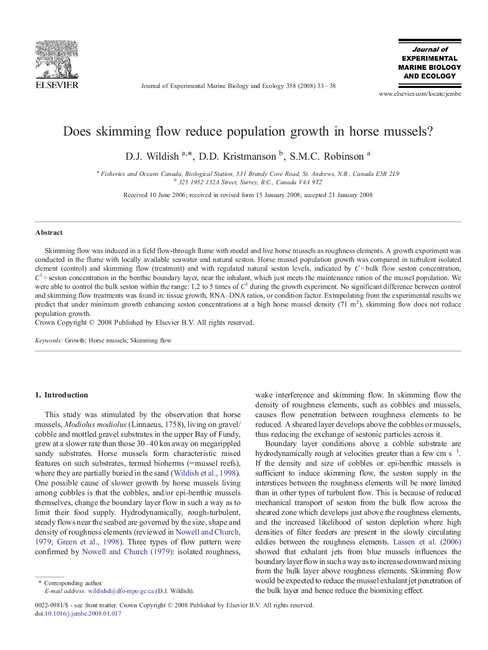 Does skimming flow reduce population growth in horse mussels?