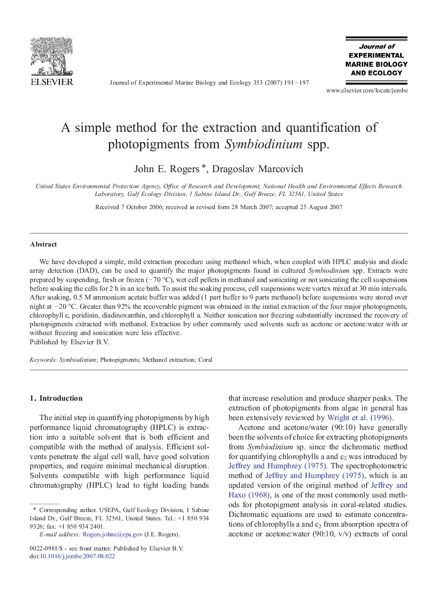 A simple method for the extraction and quantification of photopigments from Symbiodinium spp.