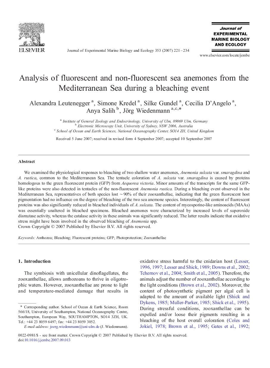 Analysis of fluorescent and non-fluorescent sea anemones from the Mediterranean Sea during a bleaching event