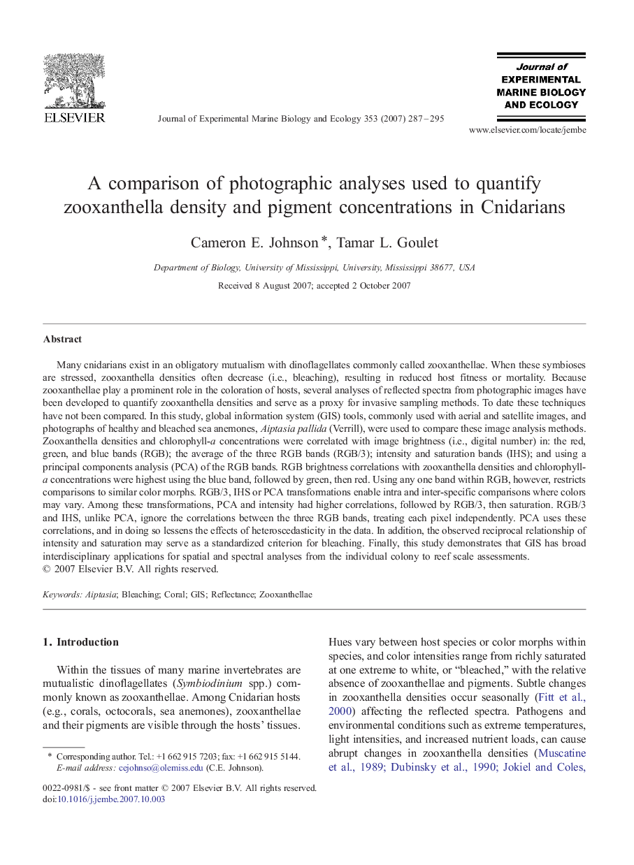 A comparison of photographic analyses used to quantify zooxanthella density and pigment concentrations in Cnidarians