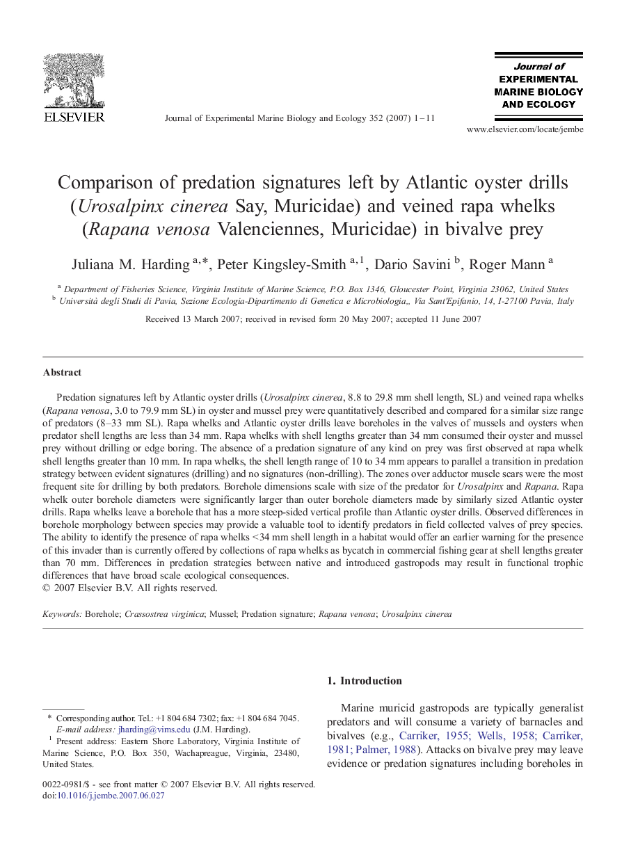 Comparison of predation signatures left by Atlantic oyster drills (Urosalpinx cinerea Say, Muricidae) and veined rapa whelks (Rapana venosa Valenciennes, Muricidae) in bivalve prey