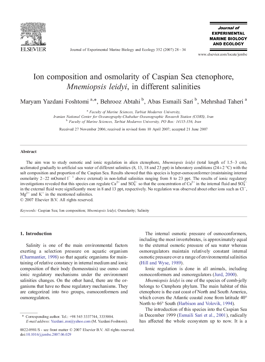 Ion composition and osmolarity of Caspian Sea ctenophore, Mnemiopsis leidyi, in different salinities