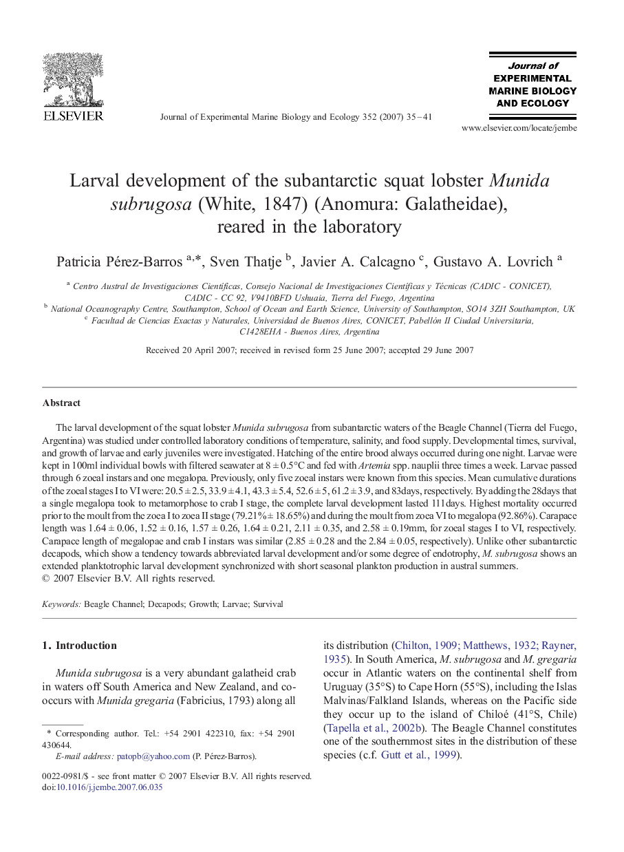 Larval development of the subantarctic squat lobster Munida subrugosa (White, 1847) (Anomura: Galatheidae), reared in the laboratory