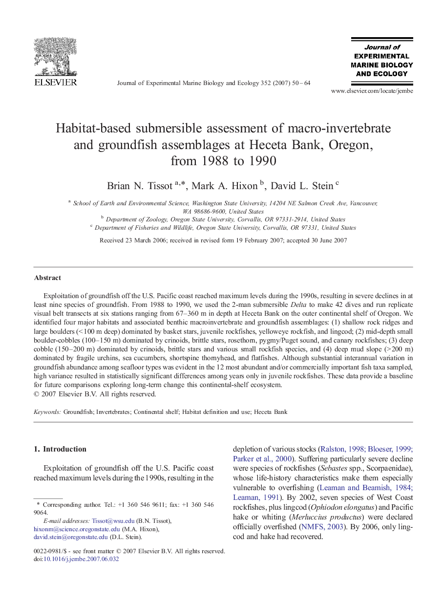 Habitat-based submersible assessment of macro-invertebrate and groundfish assemblages at Heceta Bank, Oregon, from 1988 to 1990