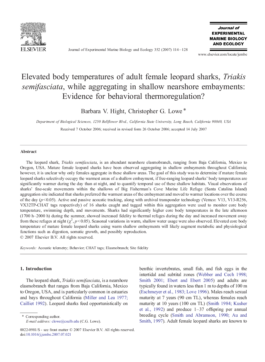 Elevated body temperatures of adult female leopard sharks, Triakis semifasciata, while aggregating in shallow nearshore embayments: Evidence for behavioral thermoregulation?