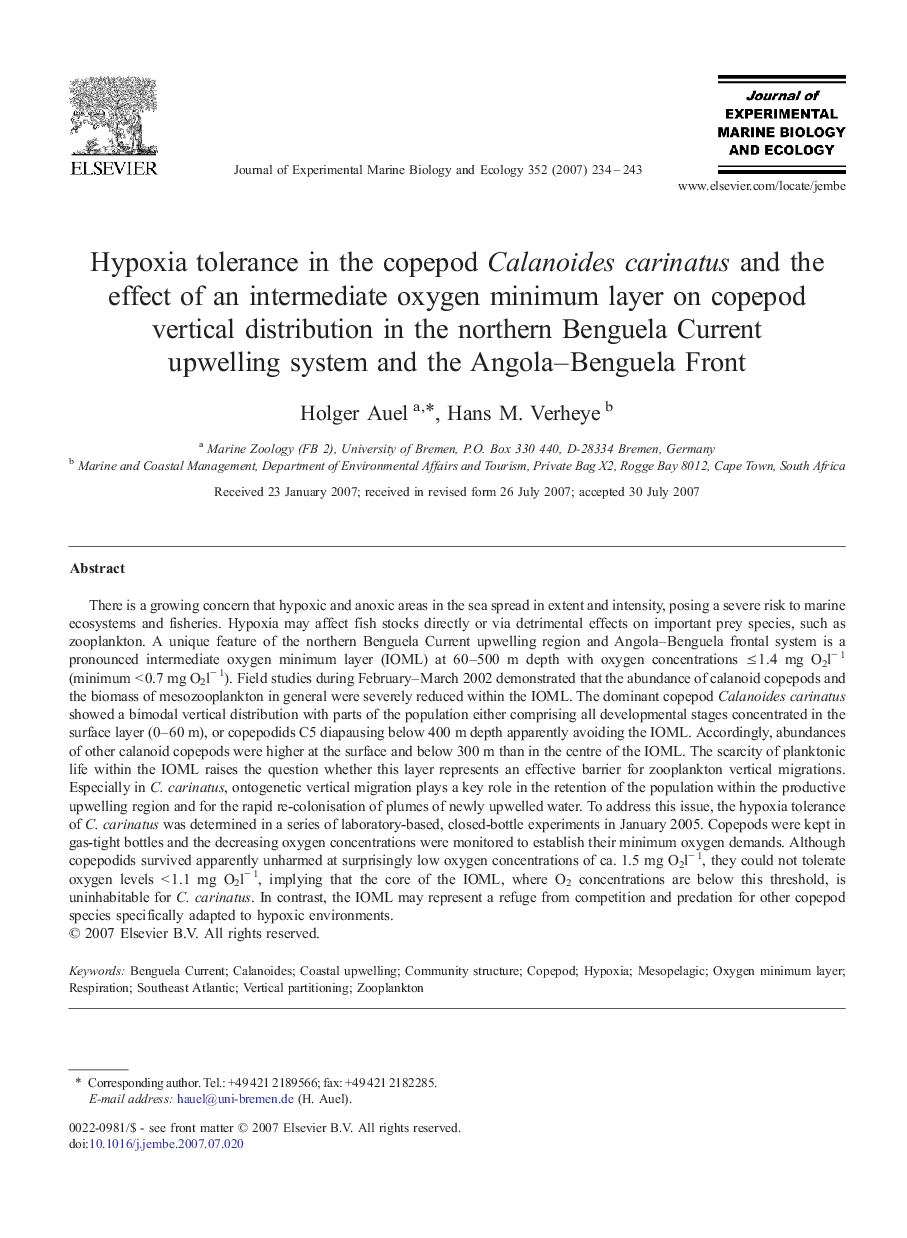 Hypoxia tolerance in the copepod Calanoides carinatus and the effect of an intermediate oxygen minimum layer on copepod vertical distribution in the northern Benguela Current upwelling system and the Angola–Benguela Front