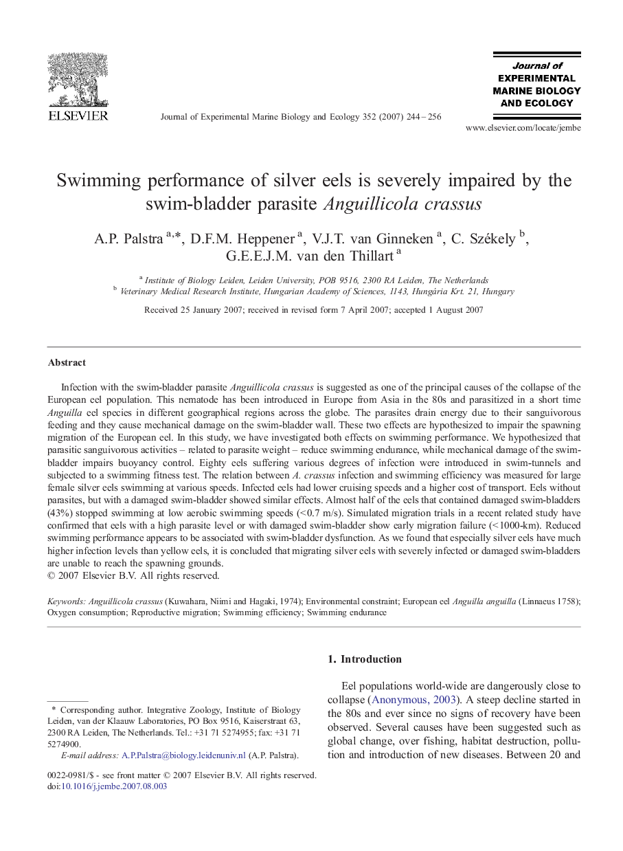 Swimming performance of silver eels is severely impaired by the swim-bladder parasite Anguillicola crassus