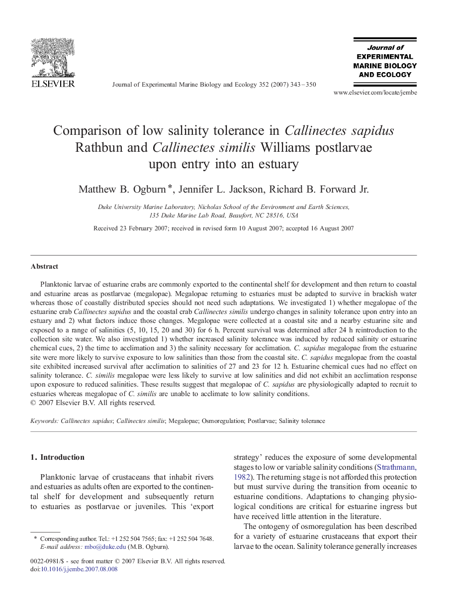 Comparison of low salinity tolerance in Callinectes sapidus Rathbun and Callinectes similis Williams postlarvae upon entry into an estuary