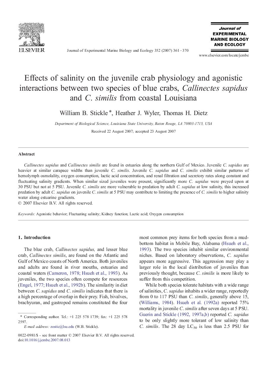 Effects of salinity on the juvenile crab physiology and agonistic interactions between two species of blue crabs, Callinectes sapidus and C. similis from coastal Louisiana