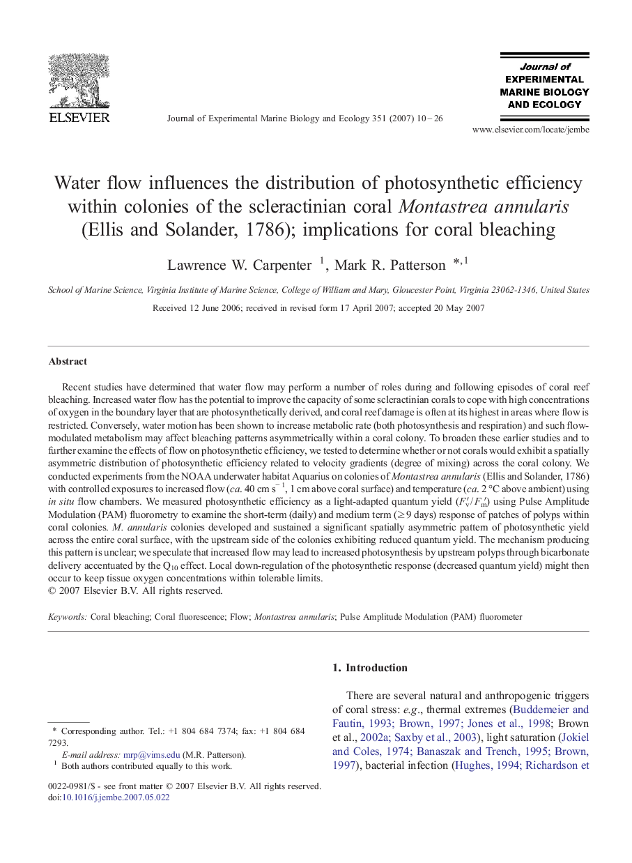 Water flow influences the distribution of photosynthetic efficiency within colonies of the scleractinian coral Montastrea annularis (Ellis and Solander, 1786); implications for coral bleaching