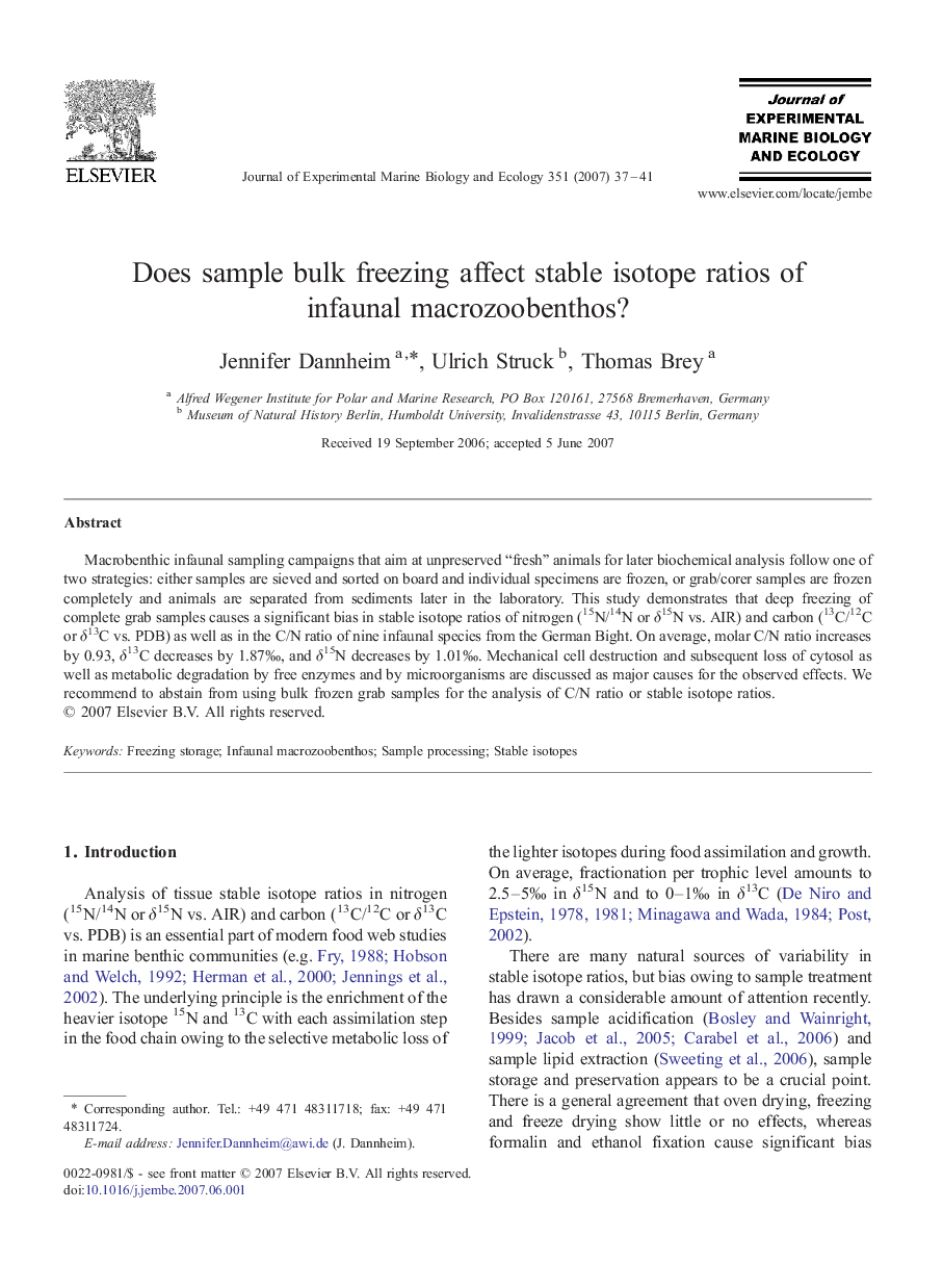 Does sample bulk freezing affect stable isotope ratios of infaunal macrozoobenthos?