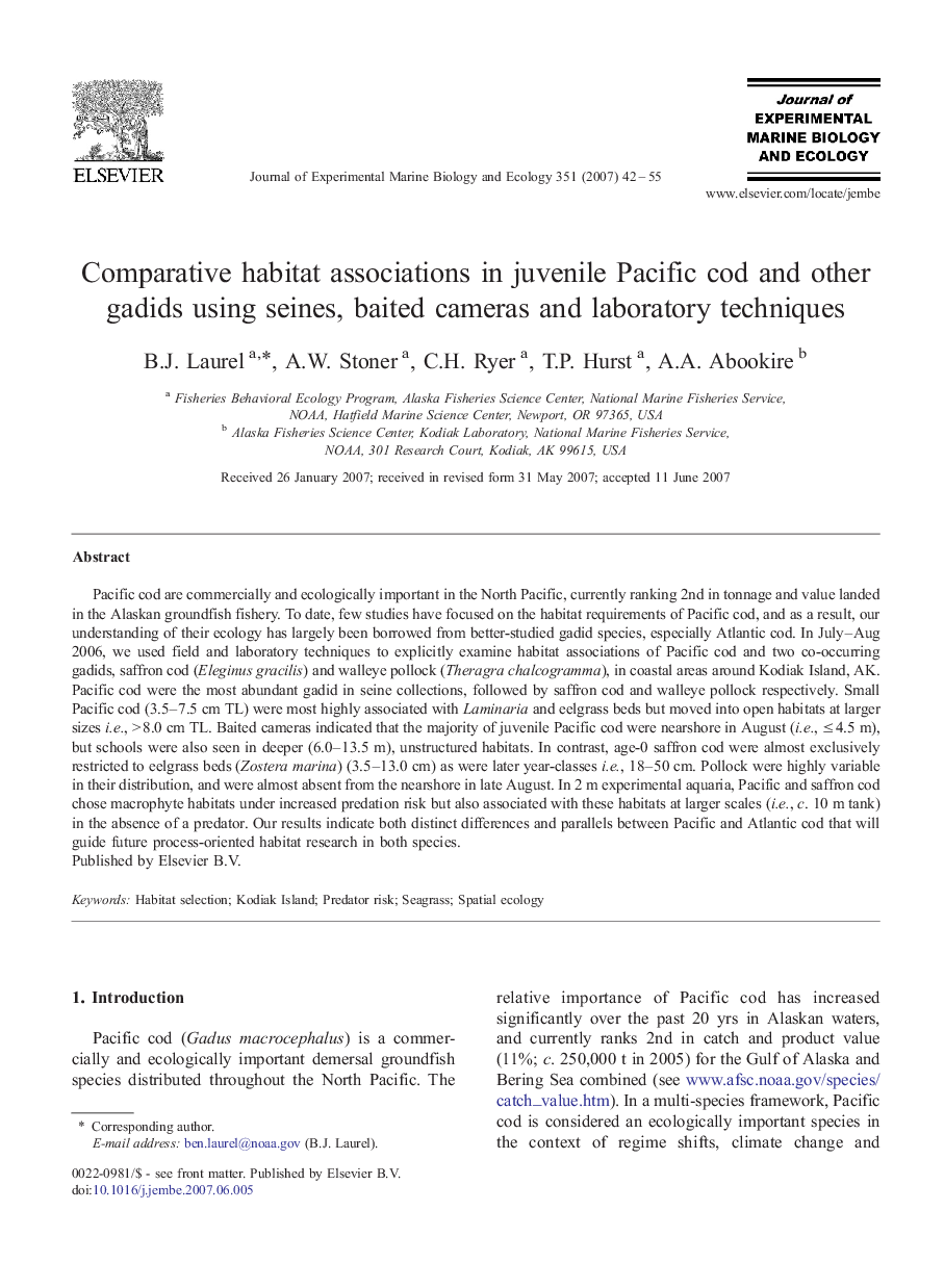 Comparative habitat associations in juvenile Pacific cod and other gadids using seines, baited cameras and laboratory techniques