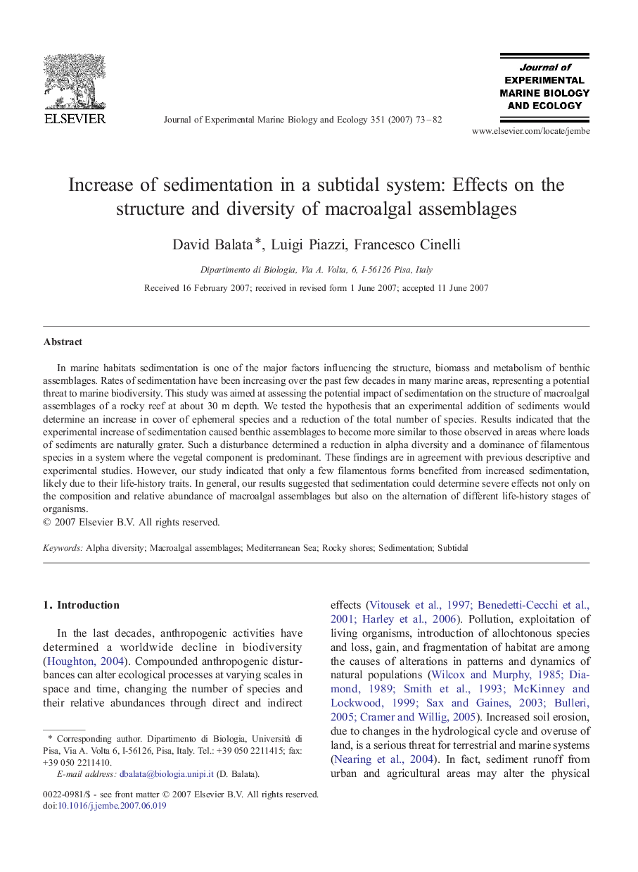 Increase of sedimentation in a subtidal system: Effects on the structure and diversity of macroalgal assemblages