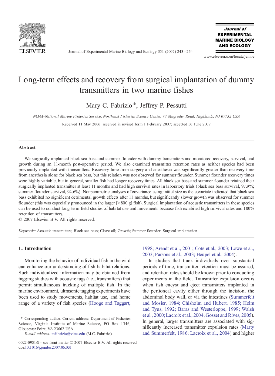 Long-term effects and recovery from surgical implantation of dummy transmitters in two marine fishes