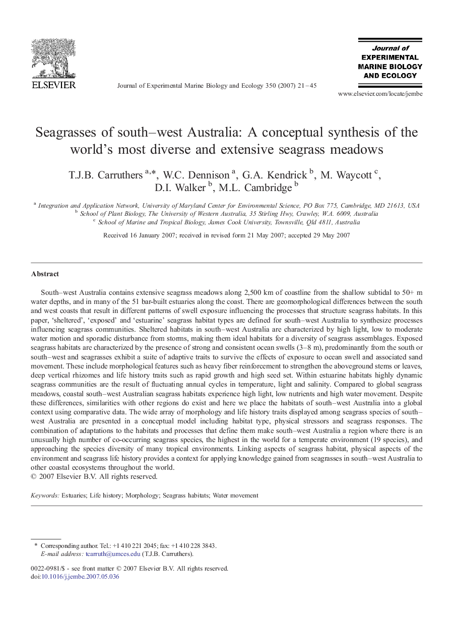 Seagrasses of south–west Australia: A conceptual synthesis of the world's most diverse and extensive seagrass meadows