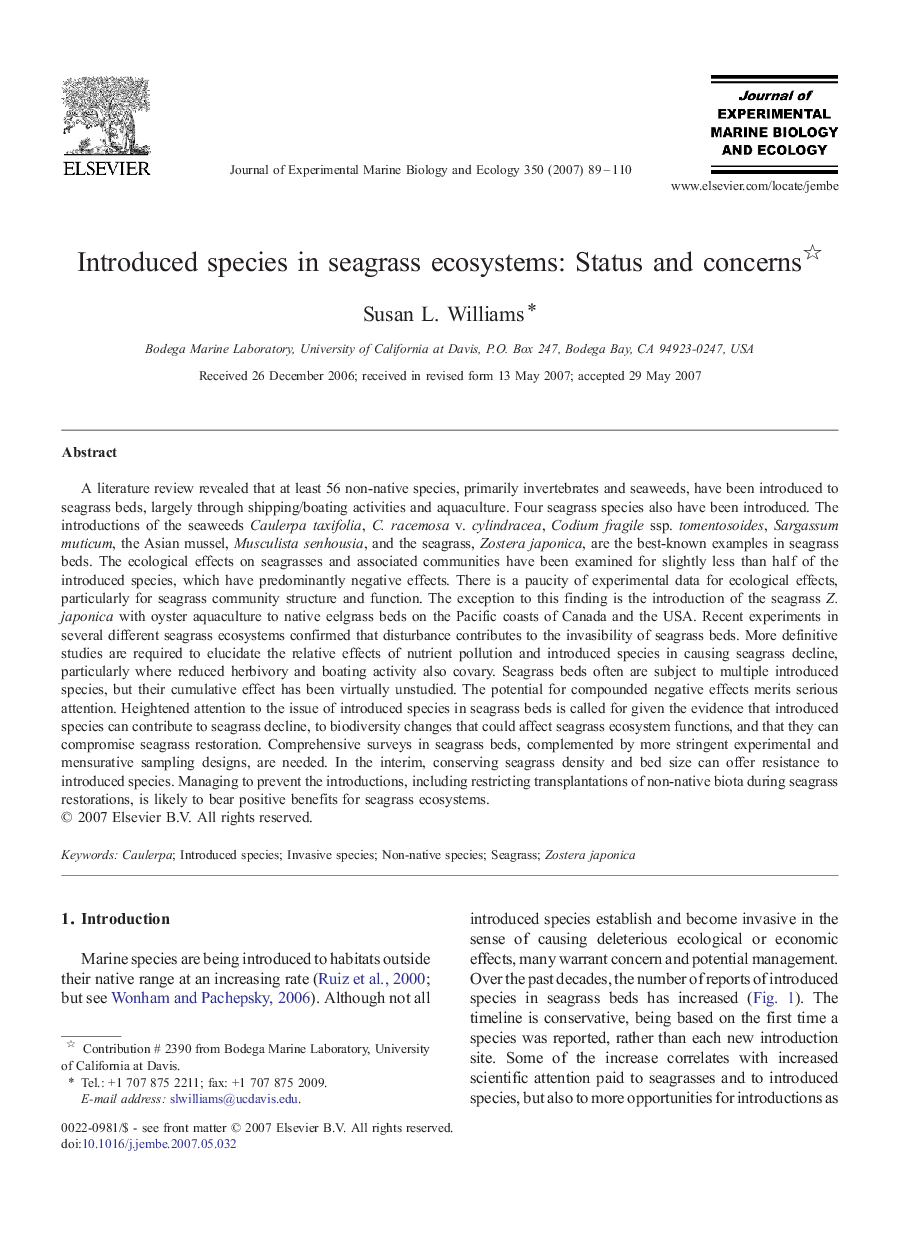 Introduced species in seagrass ecosystems: Status and concerns 