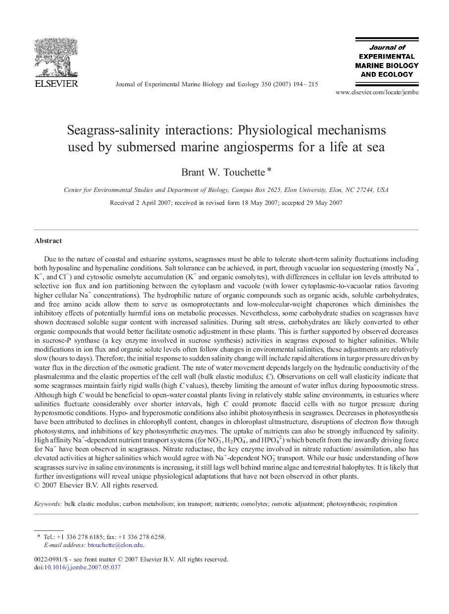 Seagrass-salinity interactions: Physiological mechanisms used by submersed marine angiosperms for a life at sea