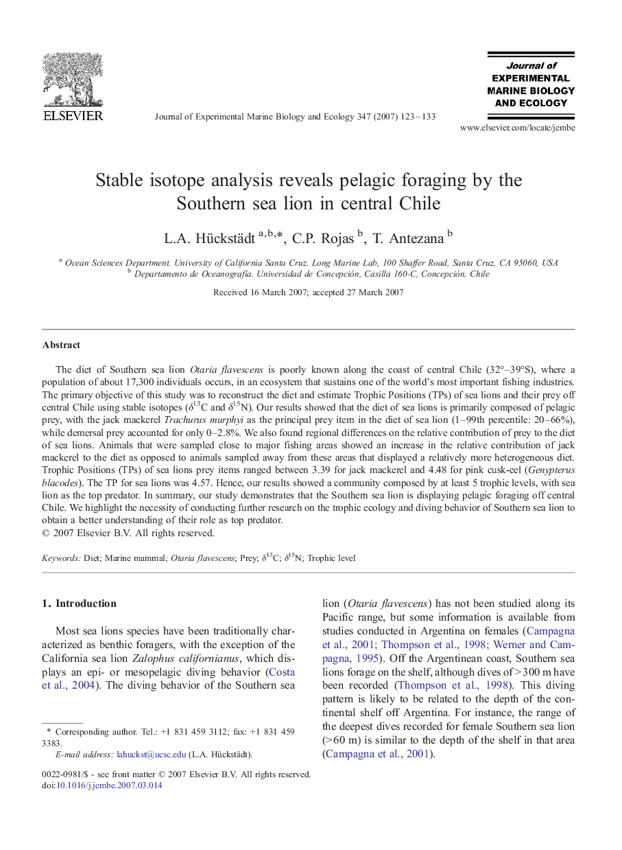 Stable isotope analysis reveals pelagic foraging by the Southern sea lion in central Chile