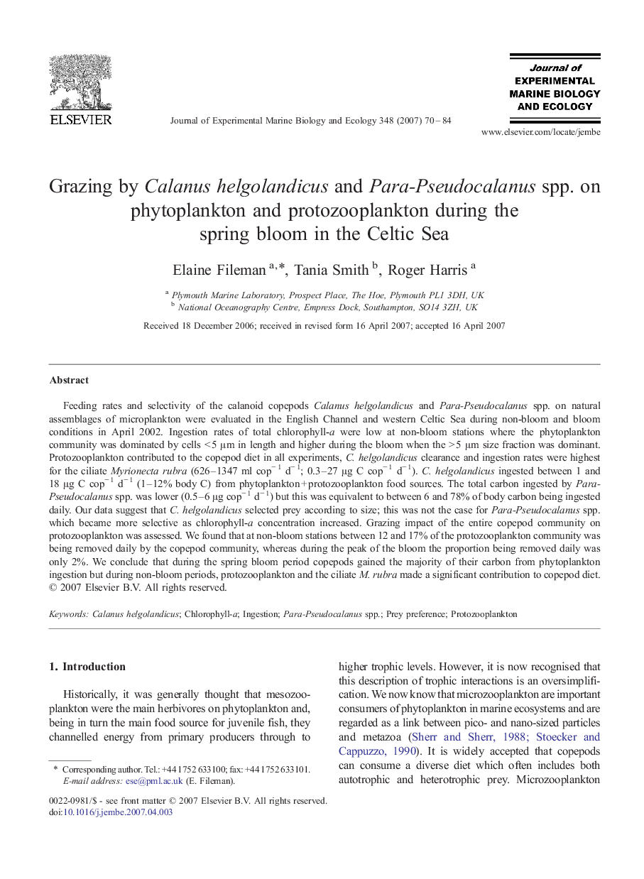 Grazing by Calanus helgolandicus and Para-Pseudocalanus spp. on phytoplankton and protozooplankton during the spring bloom in the Celtic Sea