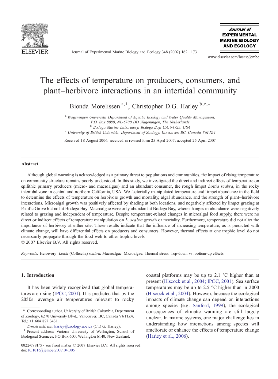 The effects of temperature on producers, consumers, and plant–herbivore interactions in an intertidal community