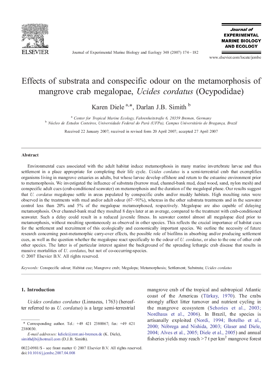 Effects of substrata and conspecific odour on the metamorphosis of mangrove crab megalopae, Ucides cordatus (Ocypodidae)