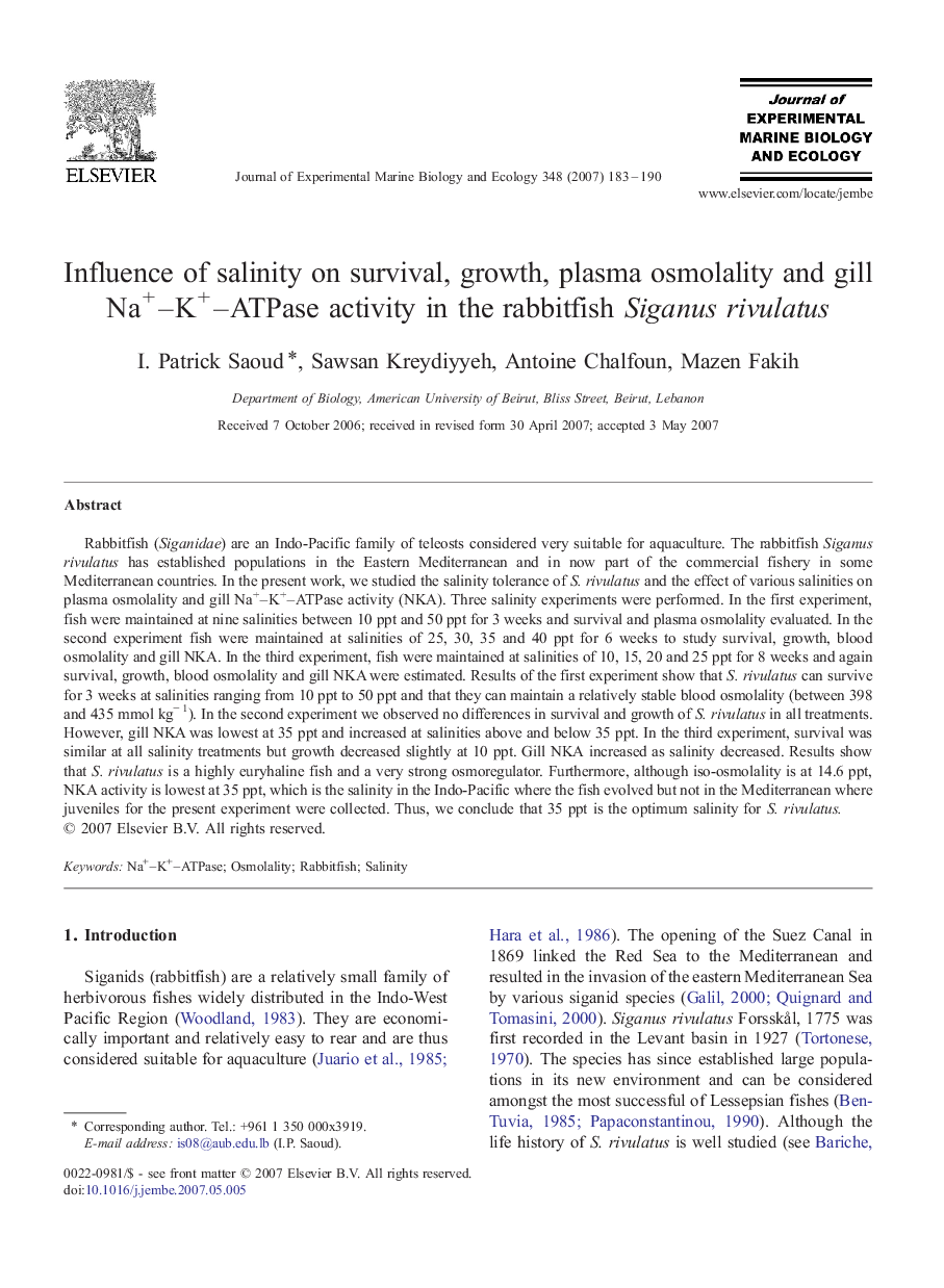 Influence of salinity on survival, growth, plasma osmolality and gill Na+–K+–ATPase activity in the rabbitfish Siganus rivulatus