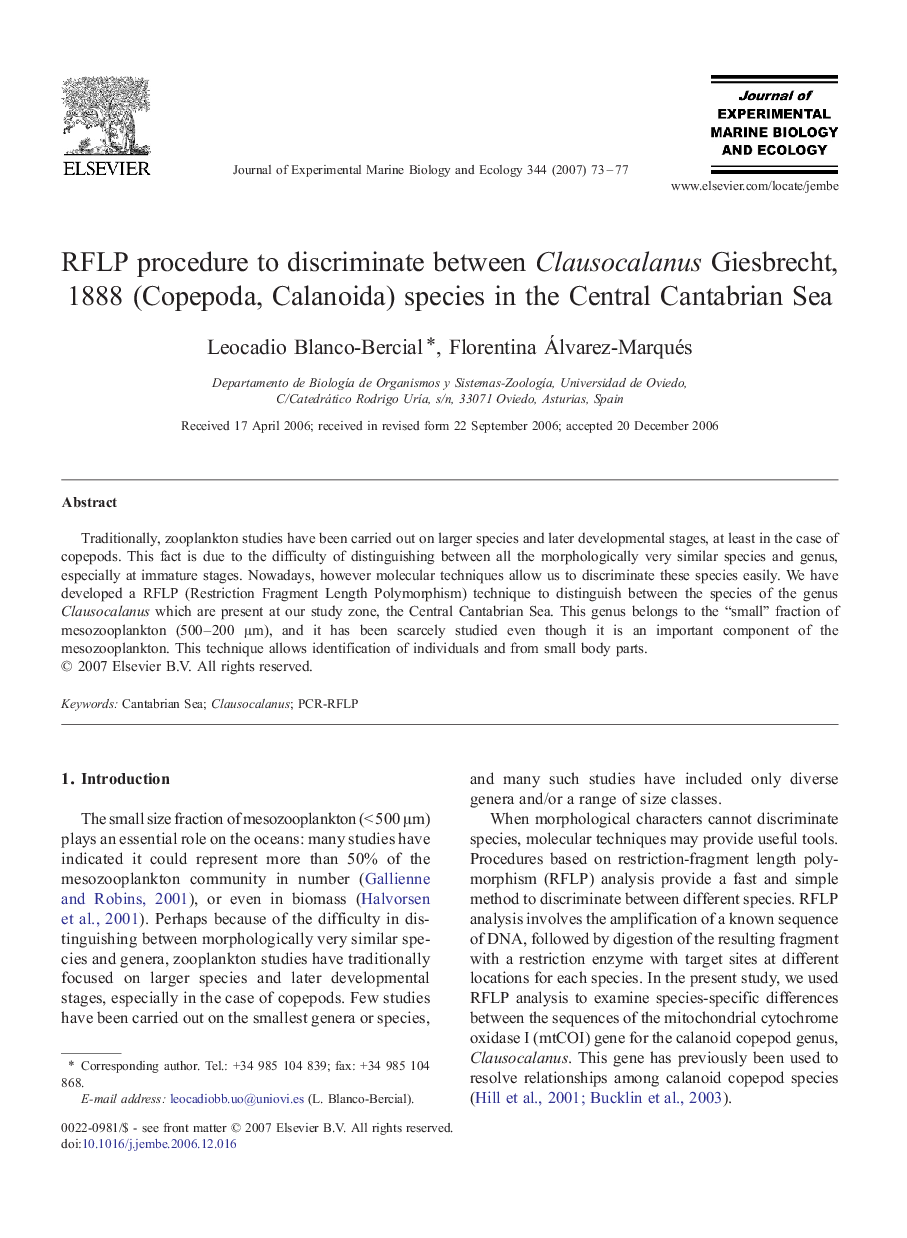 RFLP procedure to discriminate between Clausocalanus Giesbrecht, 1888 (Copepoda, Calanoida) species in the Central Cantabrian Sea